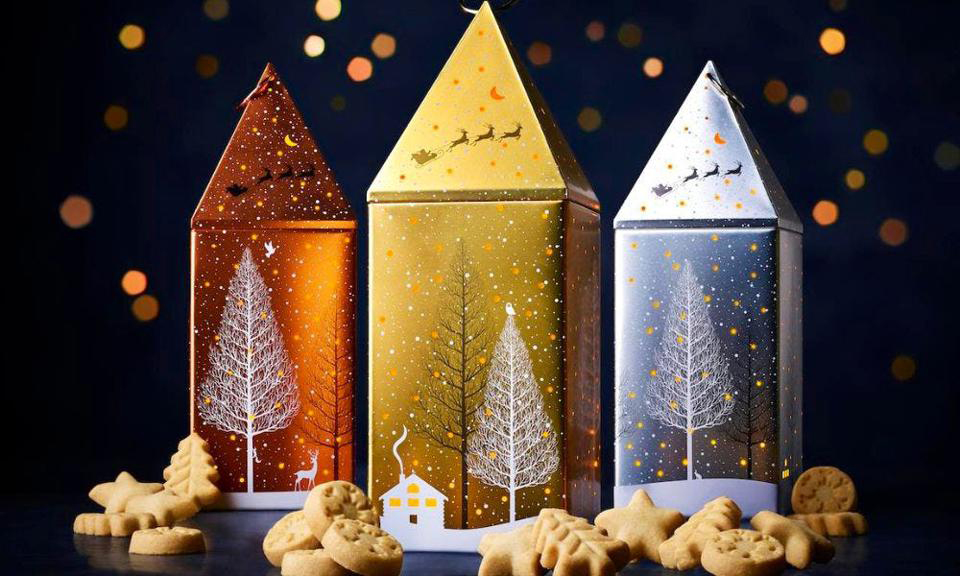 Target/M&S partnership holiday 2022, tri color of metal tins that hold shortbread cookies
