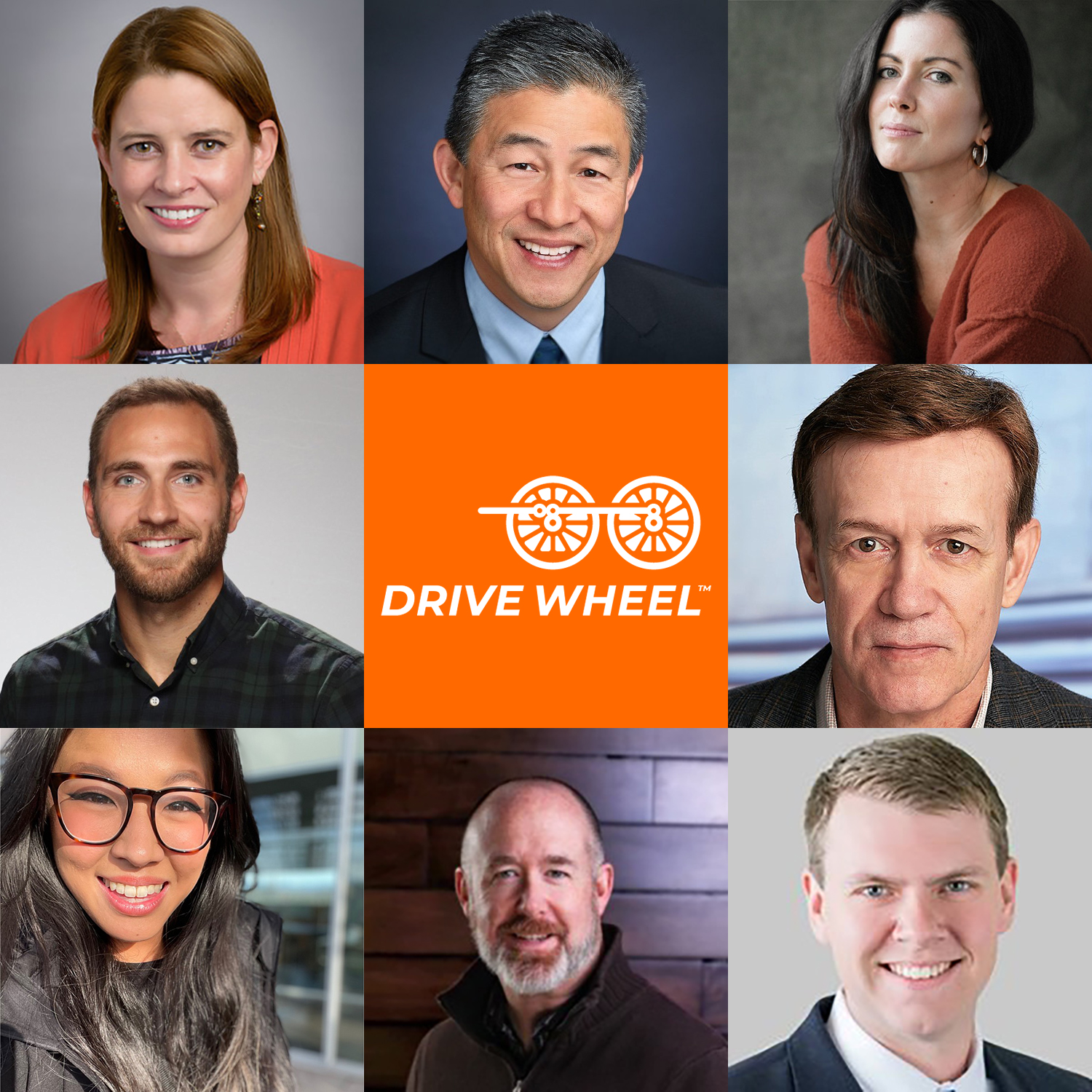 Headshots of 8 guest speakers who to be included in the Spring 2023 Guest Speaker Series for Drive Wheel Peer Groups