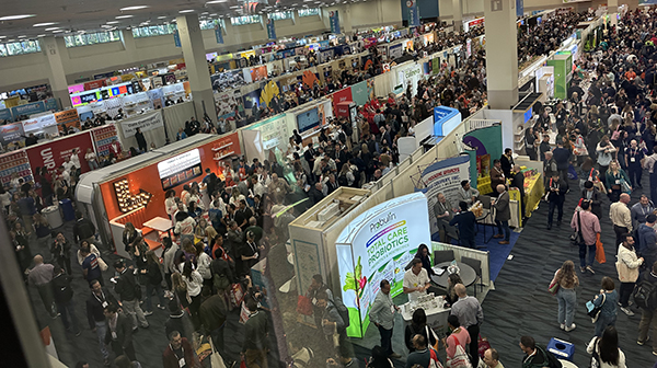 Expo West Tradeshow booth - overhead shot of north hall with so many people between rows of booths that no one can move