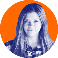 Headshot of Sharon Ward stylized in orange and blue in a circle