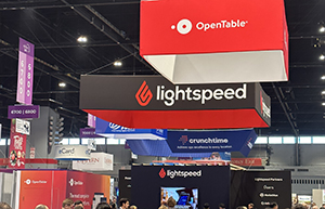overhead view of large multicolor banners over tradeshow booths at the National Restaurant Association Show