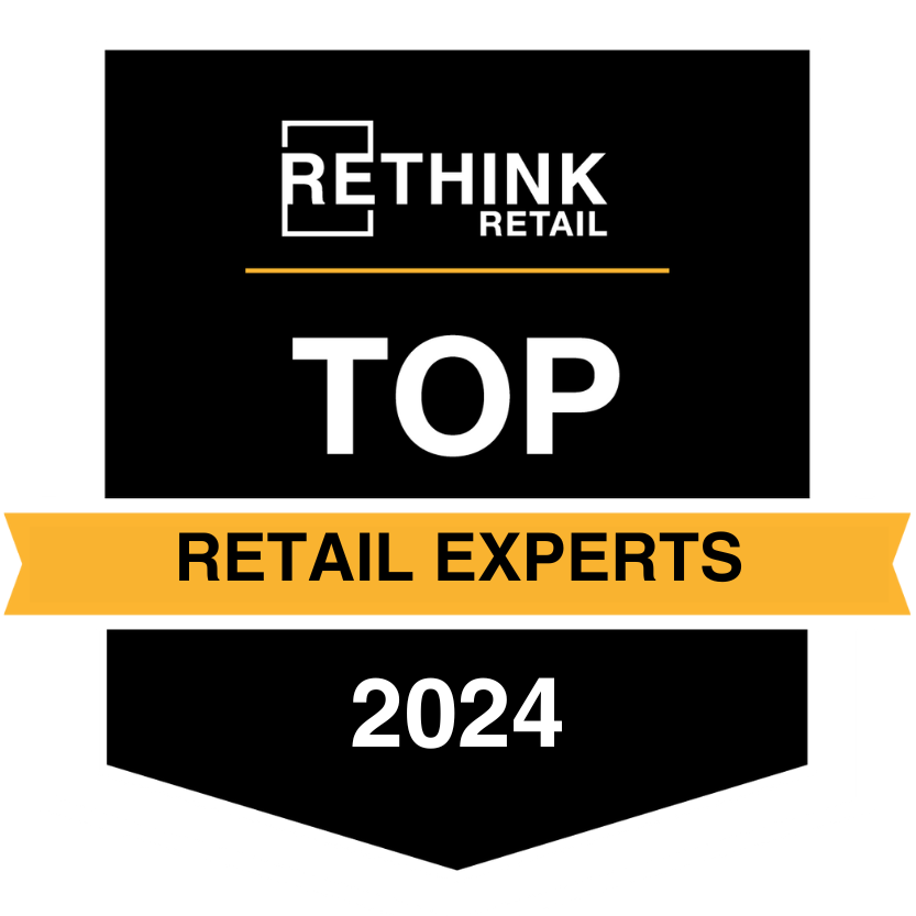 Black badge with white lettering reading Rethink Retail Top Retail Experts 2024
