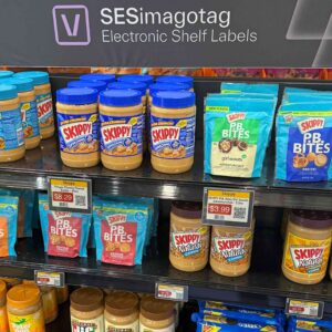 Series of digital shelf tags highlighting prices of each items including QR codes to additional information.