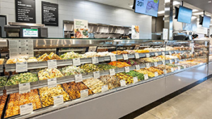 Cross over sections serve as both groceries and foodservice.  Beautiful displays inspires consumers to select meals for the week while making it easy for them to buy food to eat now.