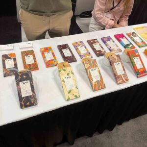 Chocolate bars with colorful geometric packaging