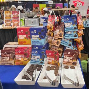 brightly colored cookie bight packages on a blue table