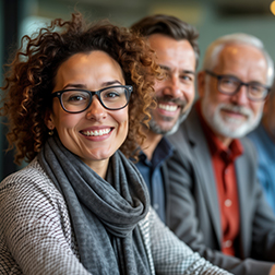 Diverse group of professionals casual meeting in room. Smiling people in business attire. Likely team discussion consultation. Positive collaborative atmosphere. Pro setting suggesting workshop