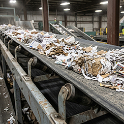 Crushed paper being transported on conveyor belt in recycling place