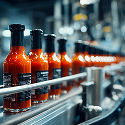 Close-up of tomato sauce bottles on a stainless steel conveyor belt in a factory, concept for food industry production, automated manufacturing, and quality control processes
